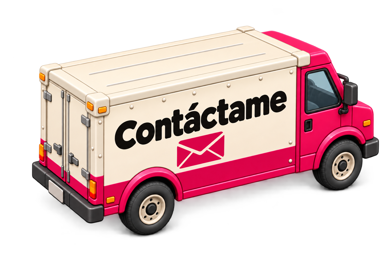Camión magenta y crema de correo, orientado hacia la esquina superior derecha, con el texto Contáctame.